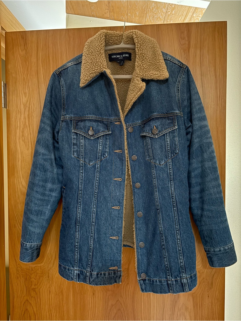 Veronica Beard Donna Sherpa Denim Jacket with Tan Collar - Picture 1 of 3